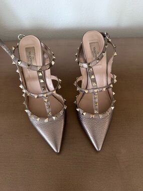 Valentino Metallic Rockstud Strappy Pointed-Toe Pumps